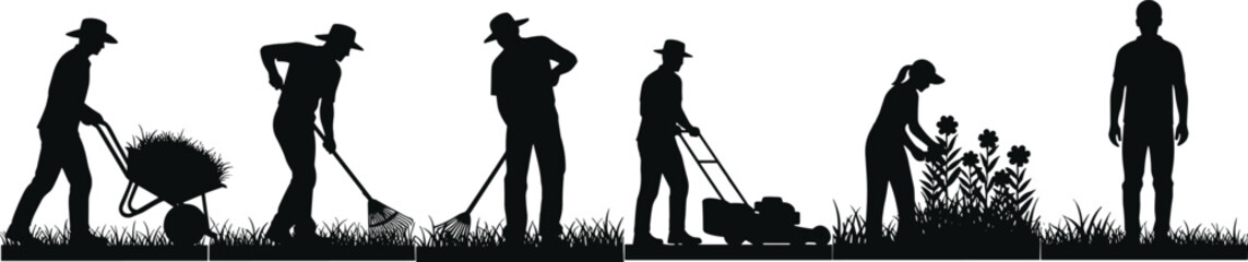 Black silhouette vector illustration of a group of gardeners mowing lawn, raking grass, pushing wheelbarrow, and tending flowers, landscaping teamwork concept.