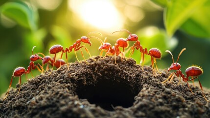 Red ants clustered on a soil mound around a dark nest entrance in warm morning sunlight with blurred green leaves, busy cooperative colony activity and alert teamwork