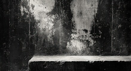 Weathered concrete ledge beneath a peeling plaster wall, stark high-contrast monochrome scene conveying a gritty, somber, abandoned mood