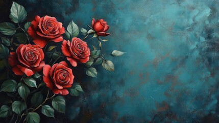 Bouquet of red roses with green leaves against textured teal background, evoking a romantic and elegant mood