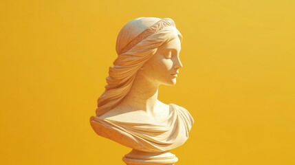 marble bust of a draped woman on a pedestal against a warm yellow background, serene classical elegance