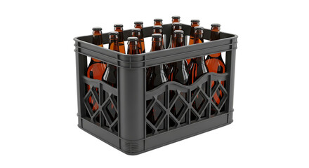 Full Crate of Amber Glass Beer Bottles in a Gray Plastic Carrier, cutout, PNG isolated on white or transparent background