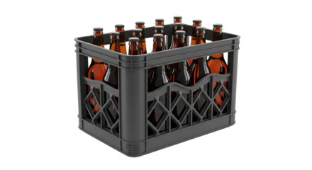 Full Crate of Amber Glass Beer Bottles in a Gray Plastic Carrier, cutout, PNG isolated on white or transparent background