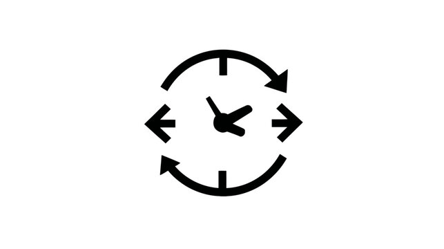 Black icon of a clock with circular arrows, symbolizing time management, productivity, efficiency, continuous cycle, and workflow process.