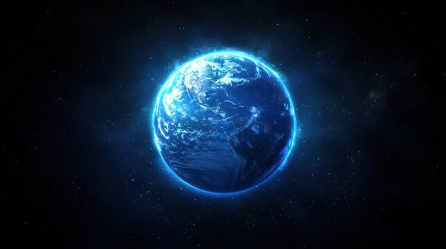 A vibrant blue planet with a glowing blue ring around it, set against a starry black background.