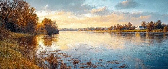 Peaceful autumn river at golden hour with reflective water, trees along the bank and a distant white farmhouse under a soft cloudy sky