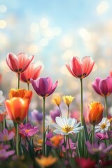 Obraz premium sunlit colorful tulips, daisies, and wildflowers in a dreamy spring meadow with soft bokeh sky and an uplifting peaceful mood