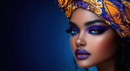 Partial studio portrait of a person wearing a vibrant orange and purple patterned headwrap with long eyelashes against a deep blue background, poised and elegant
