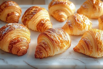 golden flaky croissants dusted with powdered sugar arranged on a marble surface, warm and inviting breakfast pastries