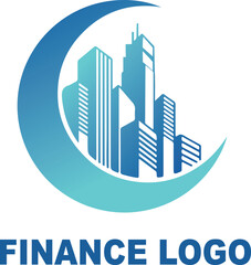 "Finance Logo" with Crescent Moon and City Skyline - Real estate, banking, and urban development graphic