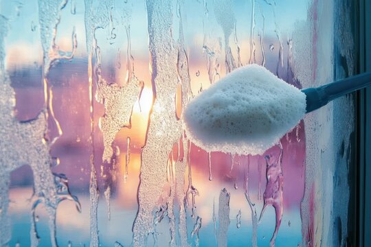 Soapy sponge on a handle wiping a streaked wet window with foam and bubbles against a colorful sunset sky, evoking calm freshness