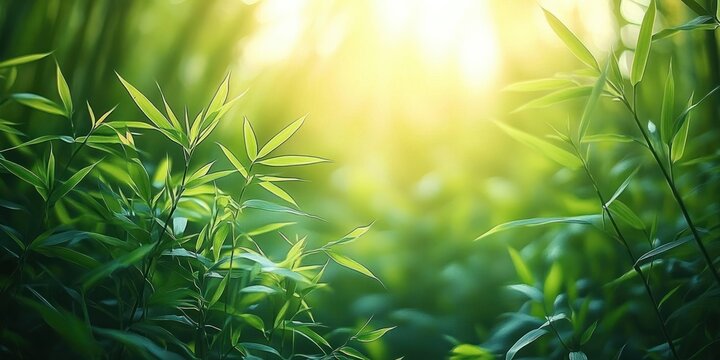 Sunlit slender green leaves and thin stems in a serene glowing morning light with soft bokeh, conveying calm, fresh natural tranquility