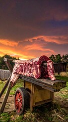 Obraz premium Large cuts of raw meat on a cart, under a vibrant sunset