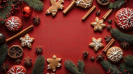 Overhead shot of festive christmas decorations, including gingerbread cookies, cinnamon sticks, and ornaments, arranged on a textured red surface creating a cozy atmosphere