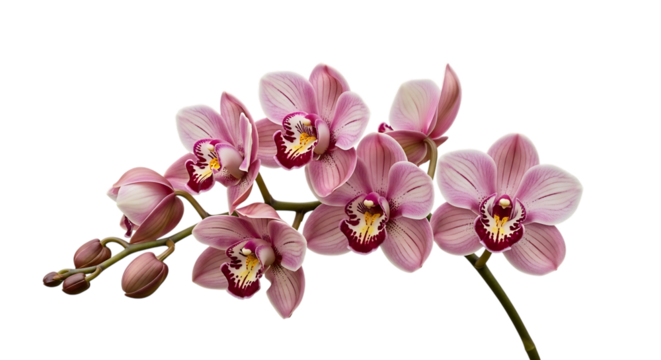Delicate pink orchids with dark red and yellow centers on a stem, cutout, PNG isolated on white or transparent background