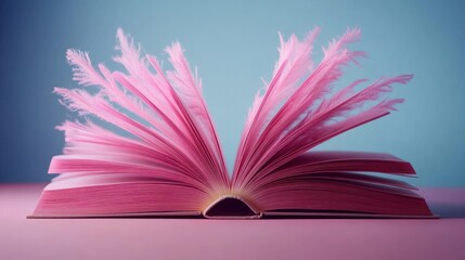 open pink book with feather-like fanned pages on a pastel surface, dreamy whimsical and delicate atmosphere