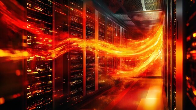 fiery orange energy stream racing through illuminated server racks in a data center aisle conveying intense heat and urgency