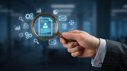 Human resources management concept. A hand holding a magnifying glass focuses on a resume amidst digital icons representing various services.