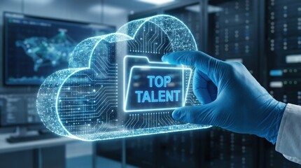 Human resources management concept. A hand holds a holographic cloud with "Top Talent" displayed, set in a digital data environment.