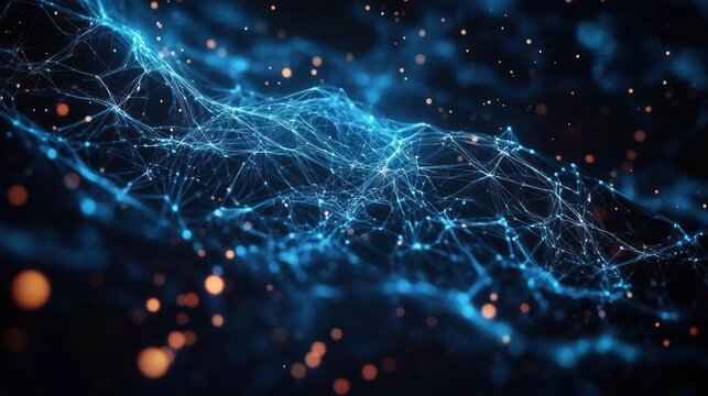 Glowing blue interconnected network mesh and nodes over a dark background with floating orange bokeh particles, creating a futuristic, mysterious, dynamic and energetic atmosphere