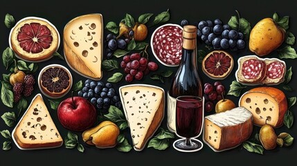 Inviting rustic spread of assorted cheeses, sliced salami, bottle and glass of red wine, clusters of grapes, sliced citrus, apples and pears on dark background, warm celebratory mood