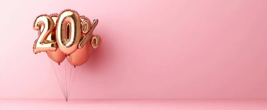 rose gold foil balloons spelling twenty percent tied together against a soft pink minimalist background conveying celebration and joy - Powered by Adobe