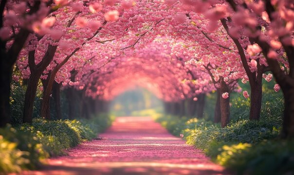 sunlit path beneath a tunnel of pink cherry blossoms with petals carpeting the walkway, serene dreamy romantic spring scene