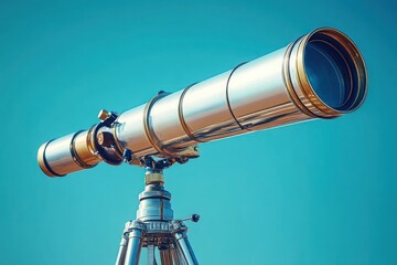 Polished brass refracting telescope mounted on adjustable tripod against clear turquoise sky, evoking curiosity and wonder