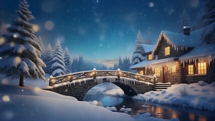 Cozy stone cottage and bridge in a snowy winter wonderland at night - Powered by Adobe