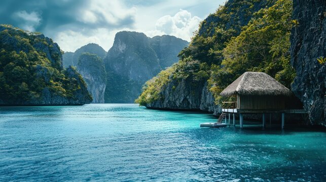 A serene tropical lagoon with a thatched-roof hut and lush greenery, set against a backdrop of towering cliffs and a cloudy sky.