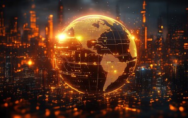 Glowing digital globe showing the Americas with illuminated network lines and circuit patterns hovering above a luminous futuristic cityscape, evoking connectivity and energy