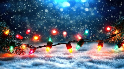 Christmas lights with snowflakes falling on a snowy ground.