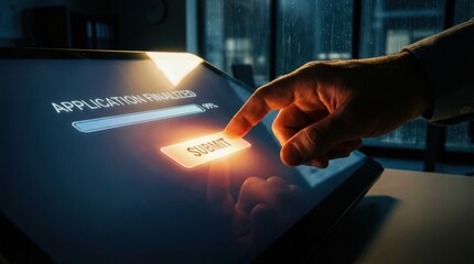 Human resources management concept. A hand pressing a "Submit" button on a digital application screen with a blurred background.
