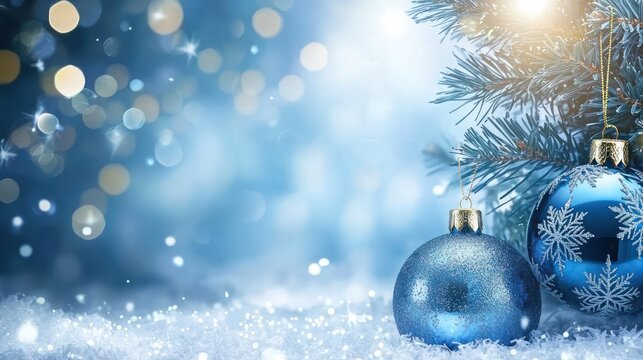 Two blue Christmas ornaments with snowflakes on a snowy background.