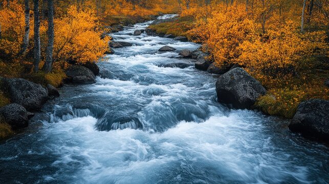 Autumnal stream cascading through a vibrant forest