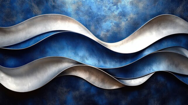 Layered silver metallic ribbons forming flowing waves over a textured deep blue background, elegant modern abstract composition conveying calm and dynamic motion