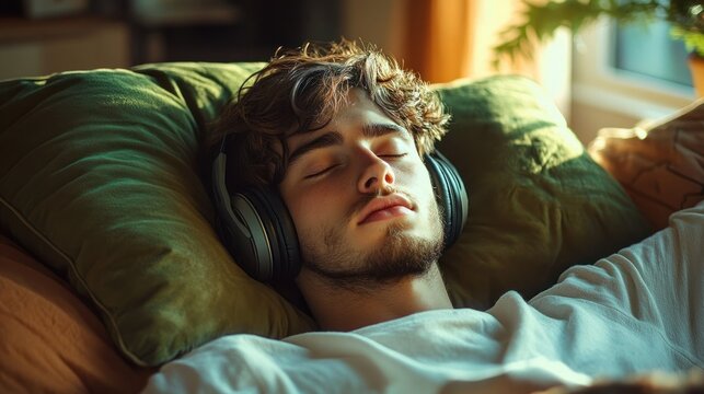 young man reclining on couch with over-ear headphones on a green pillow in a sunlit cozy room, wearing a white shirt and appearing relaxed and peaceful - Powered by Adobe