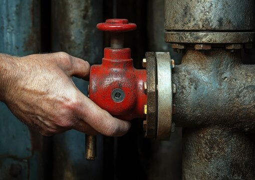 a weathered hand gripping a red metal valve on a rusted industrial pipe, gritty focused moment of repair and maintenance