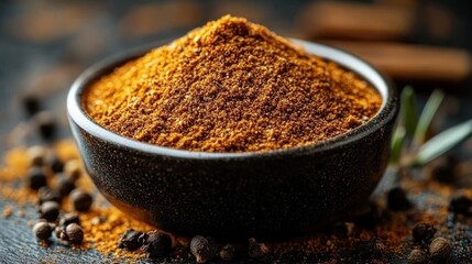 rustic black bowl heaped with warm orange-brown ground spice surrounded by whole peppercorns and cinnamon sticks, inviting aromatic cozy feeling