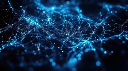 Glowing blue web of interconnected nodes and filaments over a dark background, evoking a mysterious futuristic sense of digital connectivity