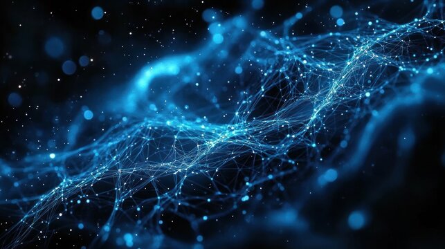 glowing blue network of interconnected nodes and flowing lines on dark background conveying dynamic energy and futuristic connectivity