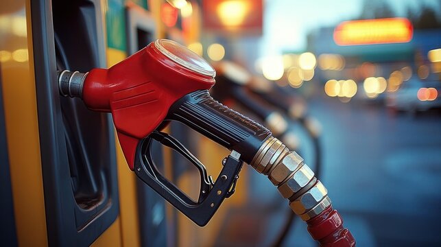 Close-up of a red fuel pump nozzle and hose at a gas station forecourt with glowing evening bokeh lights, conveying urgency and readiness