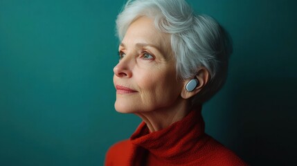 Senior with white hair wearing a red turtleneck and wireless earbud, side profile against teal backdrop, calm contemplative mood
