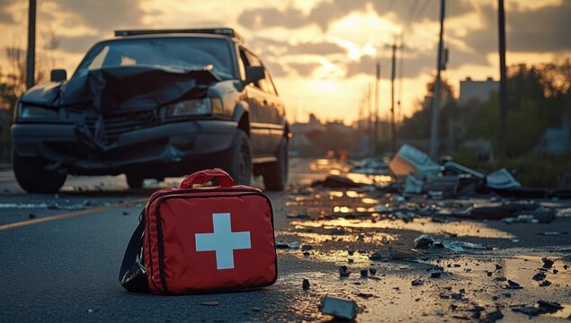 Red first aid kit with white cross on debris-strewn wet road in front of a wrecked car at sunset, conveying urgency and tense aftermath