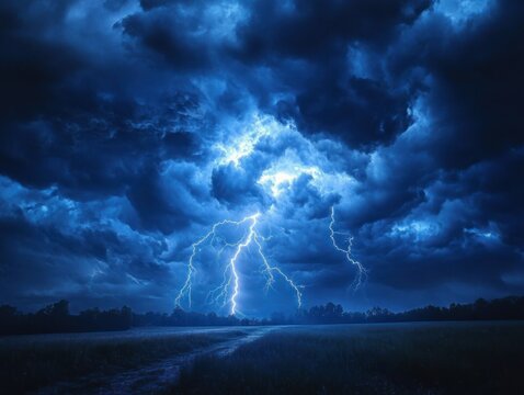 dramatic nighttime thunderstorm over an open field with multiple lightning bolts, winding dirt path and silhouetted trees, ominous and powerful atmosphere