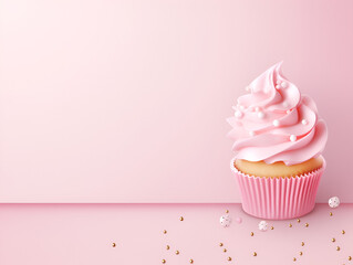 Pastel Delight: A beautifully crafted cupcake with luscious pink frosting, adorned with delicate pearls, rests gracefully on a matching pink surface, evoking feelings of sweetness and celebration.
