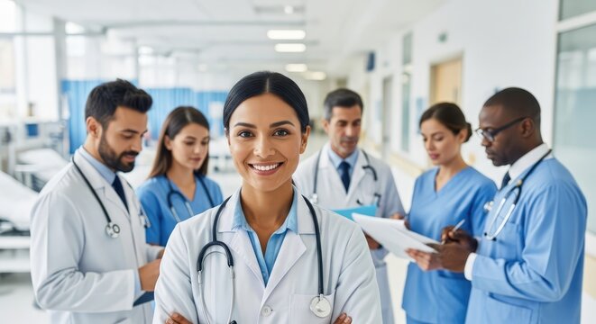 A group of healthcare professionals standing in a hospital corridor.