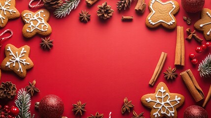 Festive christmas background with gingerbread cookies, pine cones, cinnamon sticks, and red ornaments arranged around a central copy space for holiday greetings