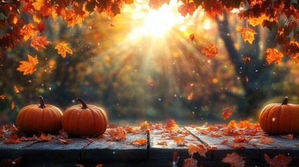 Three pumpkins on a weathered wooden table scattered with fallen orange maple leaves, golden sun rays filtering through a canopy of autumn foliage creating a warm peaceful glow