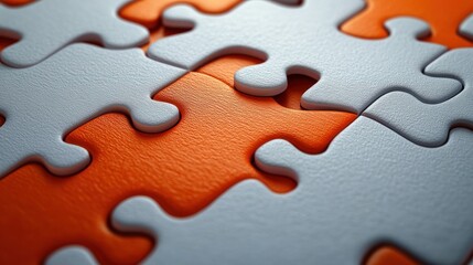 close-up of interlocking white jigsaw puzzle pieces with one missing piece revealing textured orange surface, evoking curiosity and focus